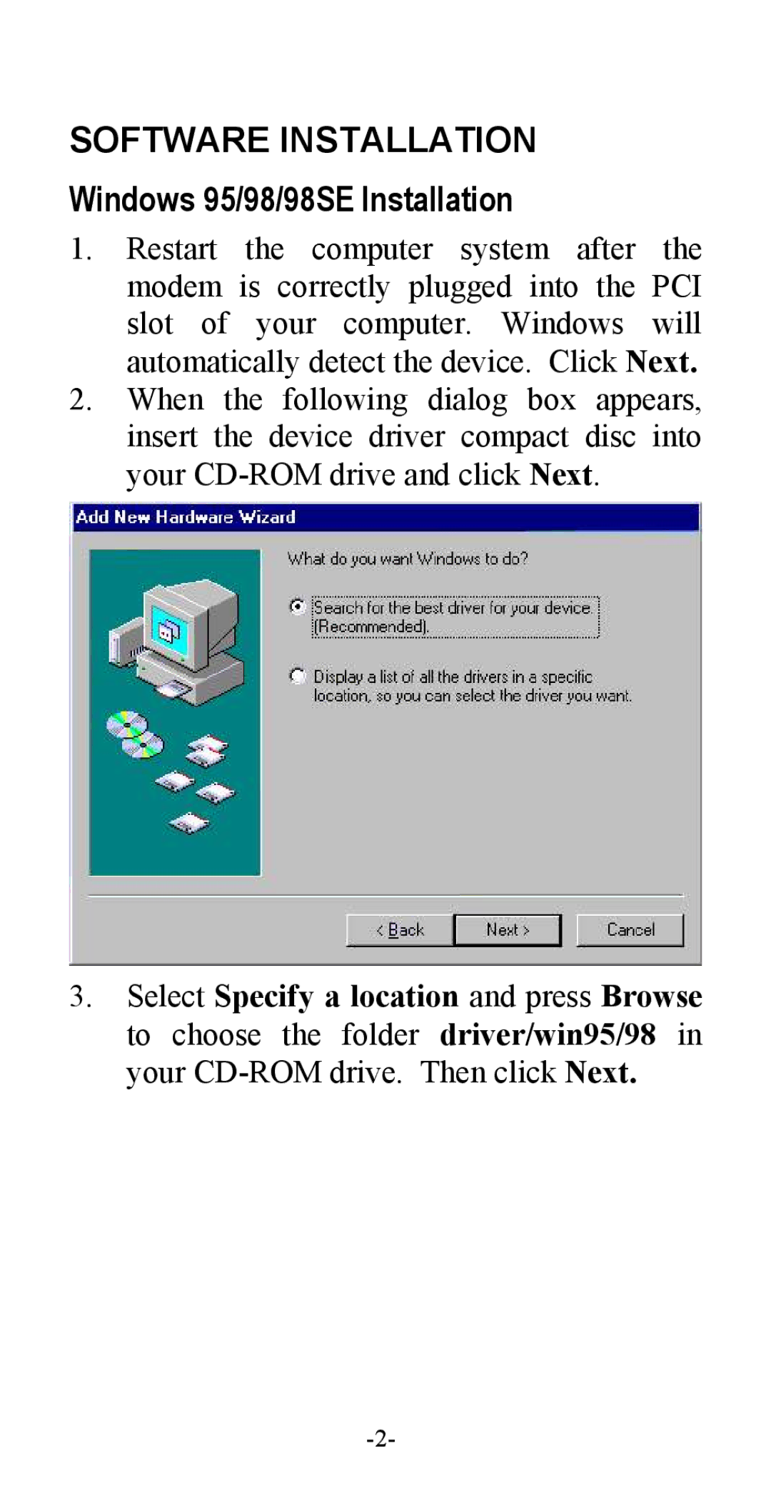 Abocom ISM56CR manual Software Installation, Windows 95/98/98SE Installation 