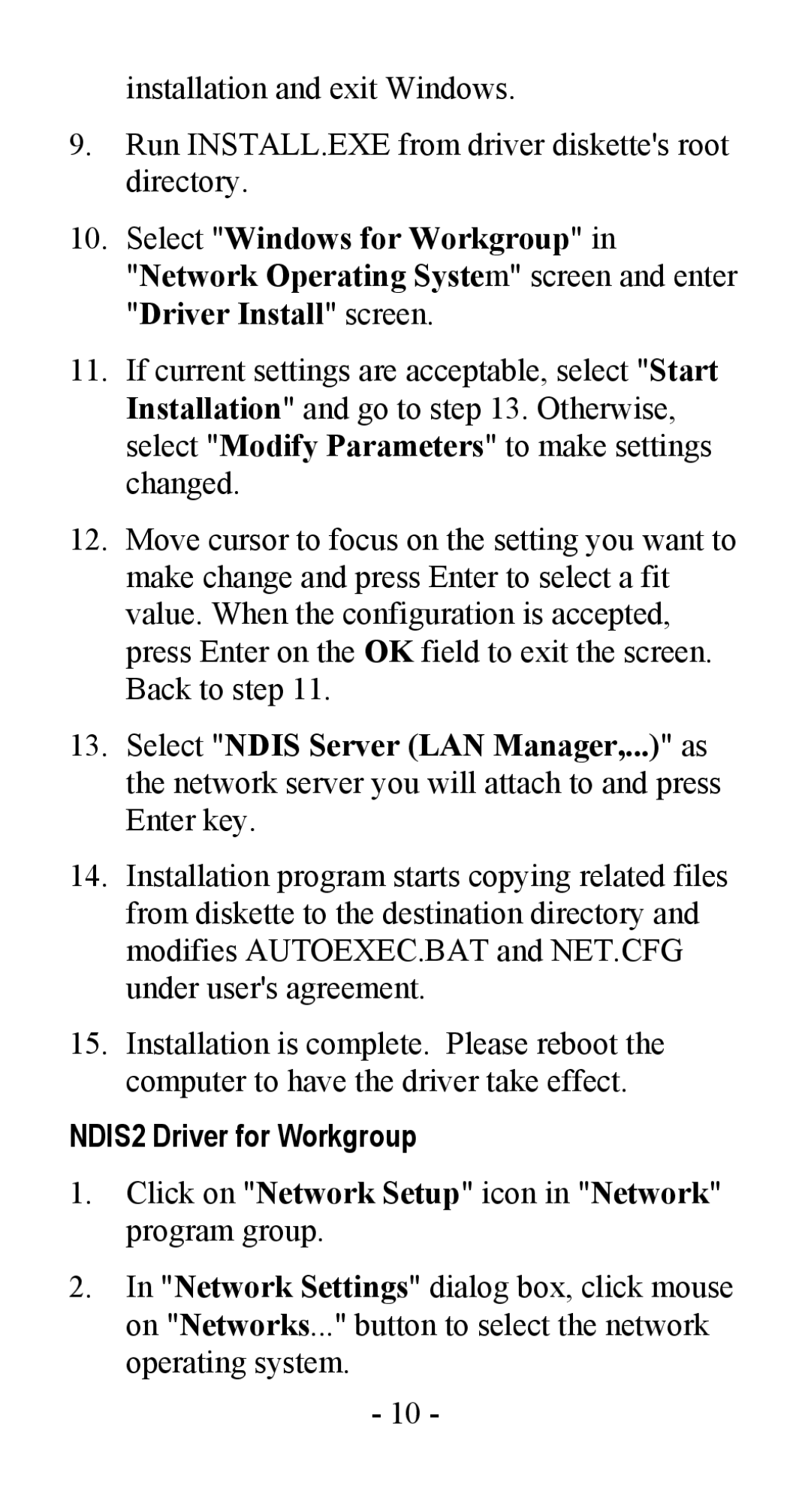 Abocom LA100 manual NDIS2 Driver for Workgroup 