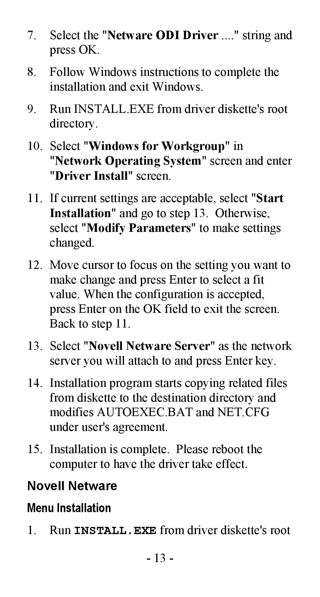 Abocom LA100 manual Novell Netware Menu Installation 