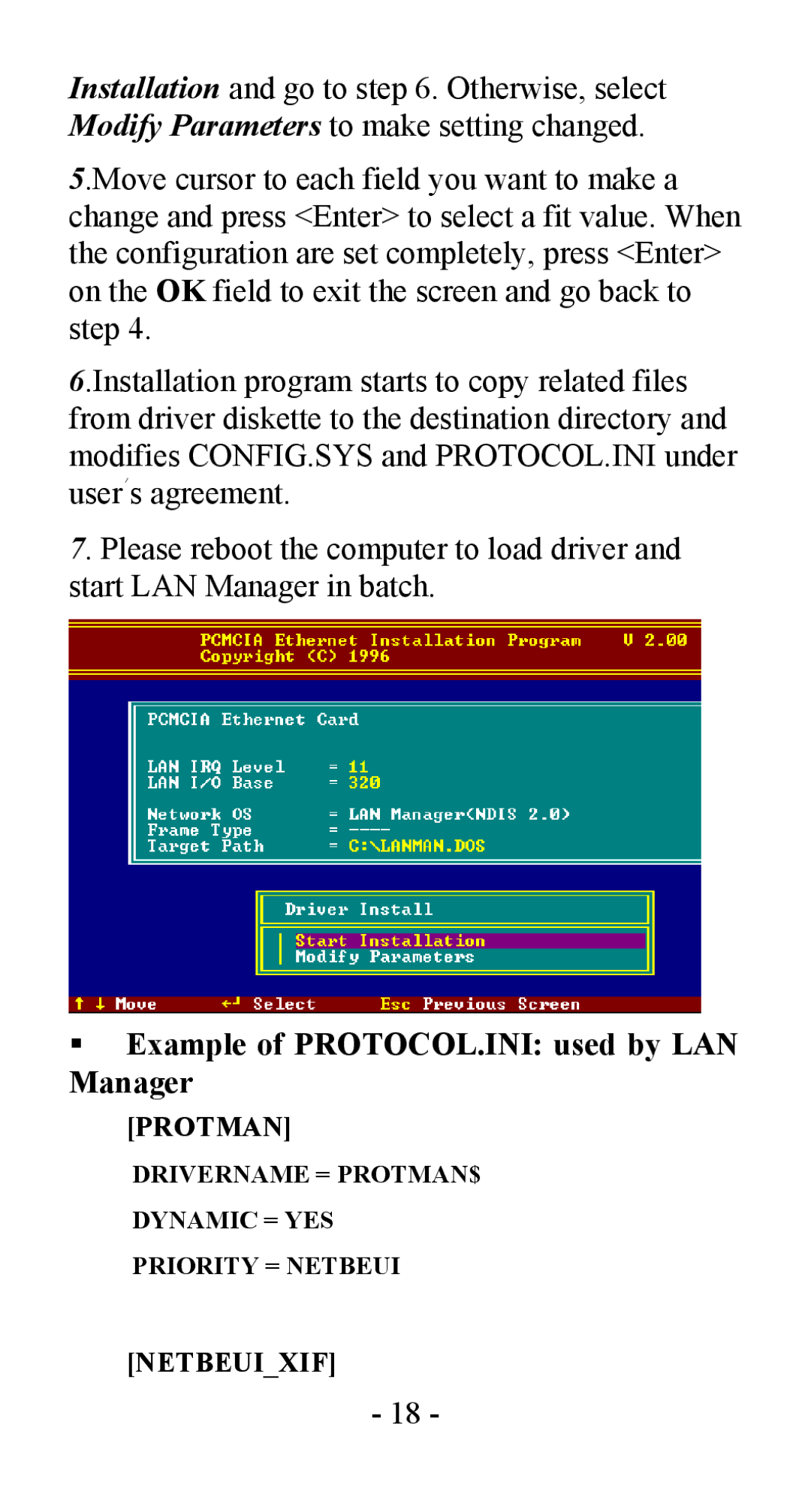 Abocom LA100 manual Example of PROTOCOL.INI used by LAN Manager 