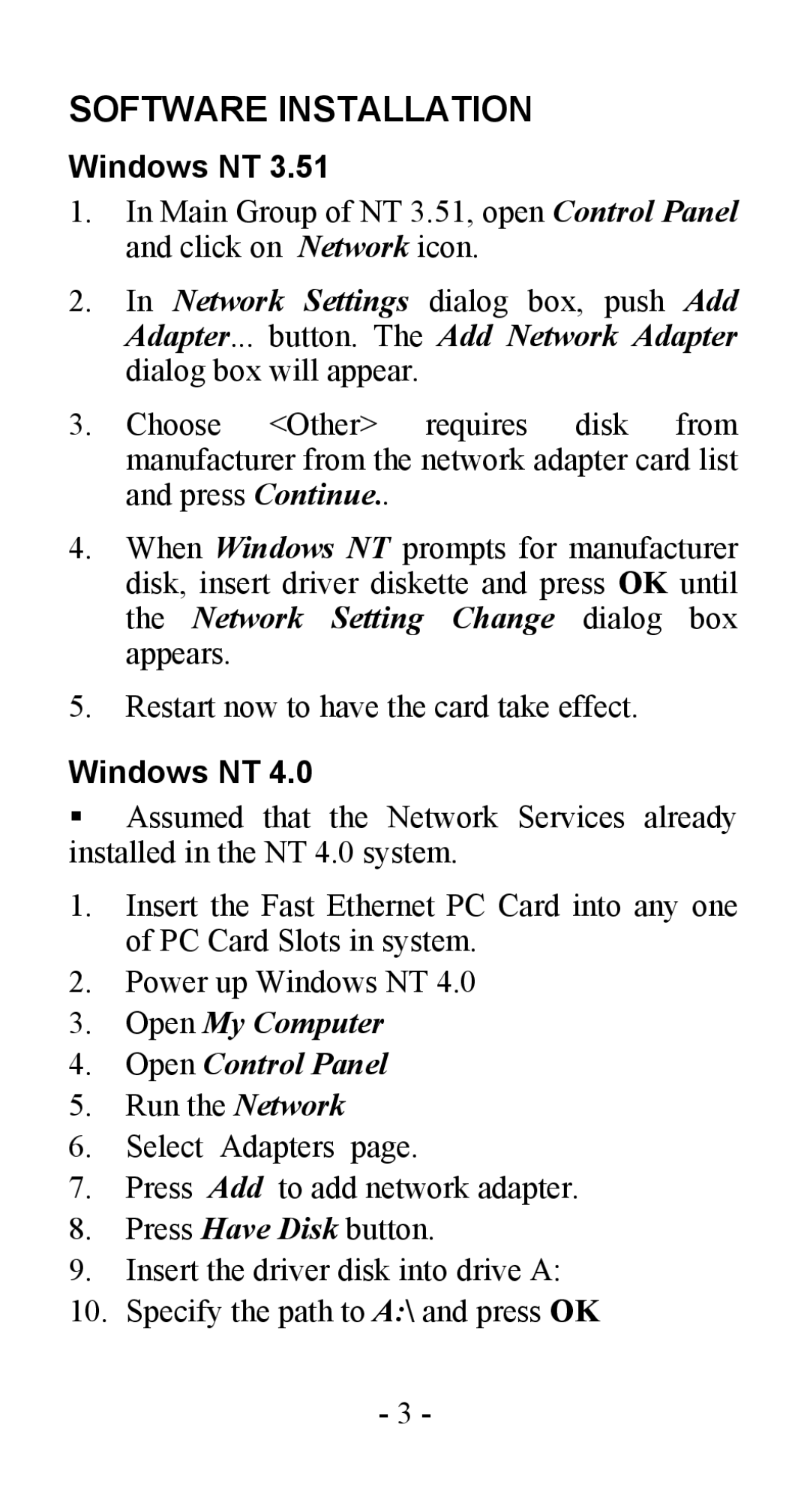 Abocom LA100 manual Software Installation, Windows NT 