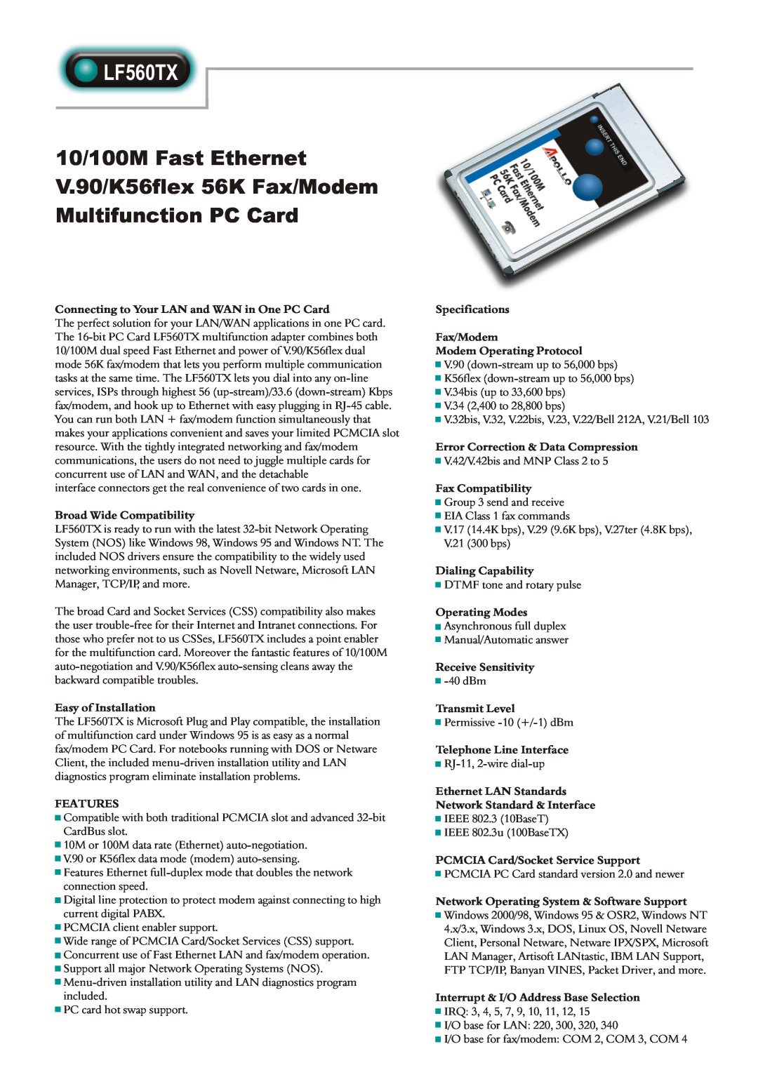 Abocom LF560TX specifications 10/100M Fast Ethernet V.90/K56flex 56K Fax/Modem, Multifunction PC Card 