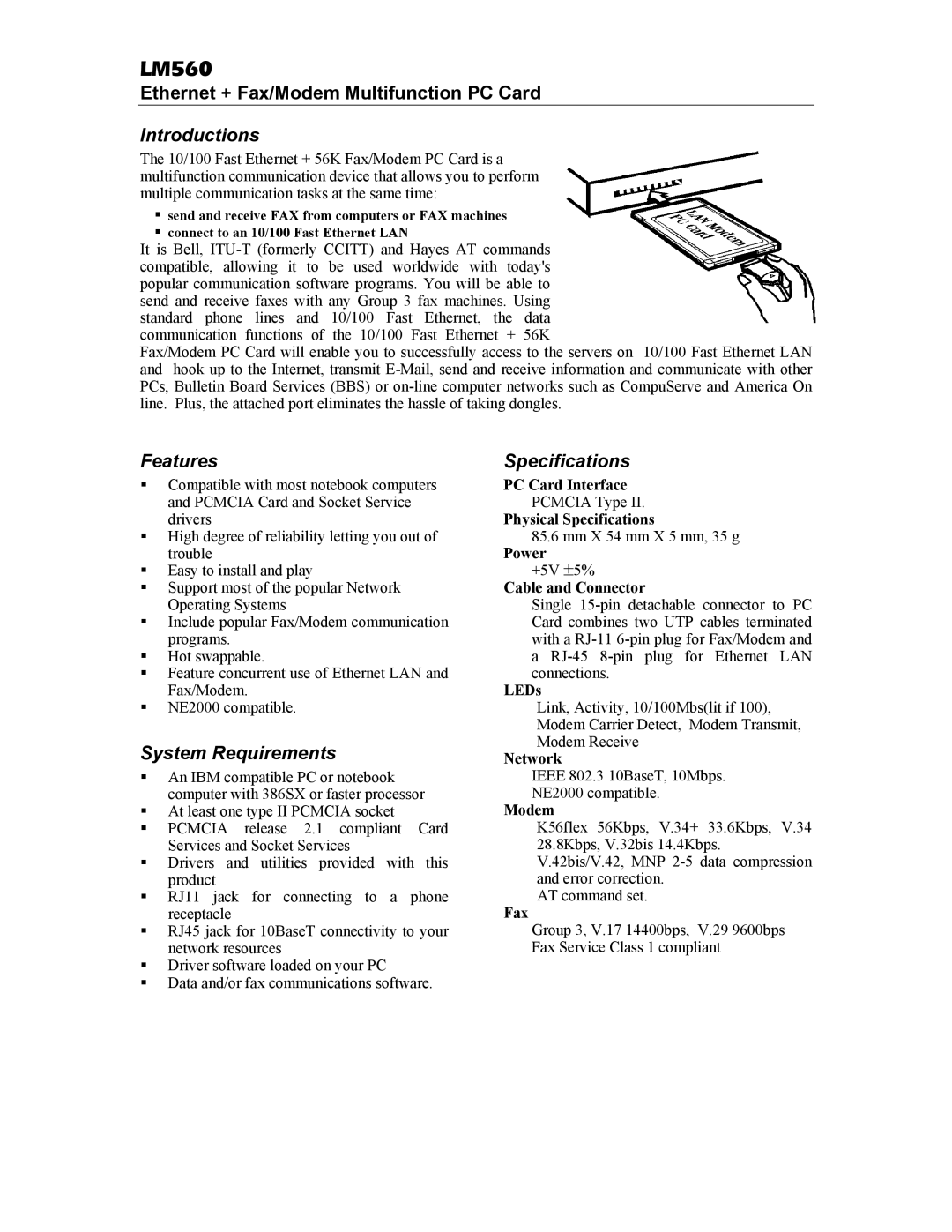 Abocom LM560 specifications Introductions, Features, System Requirements, Specifications 