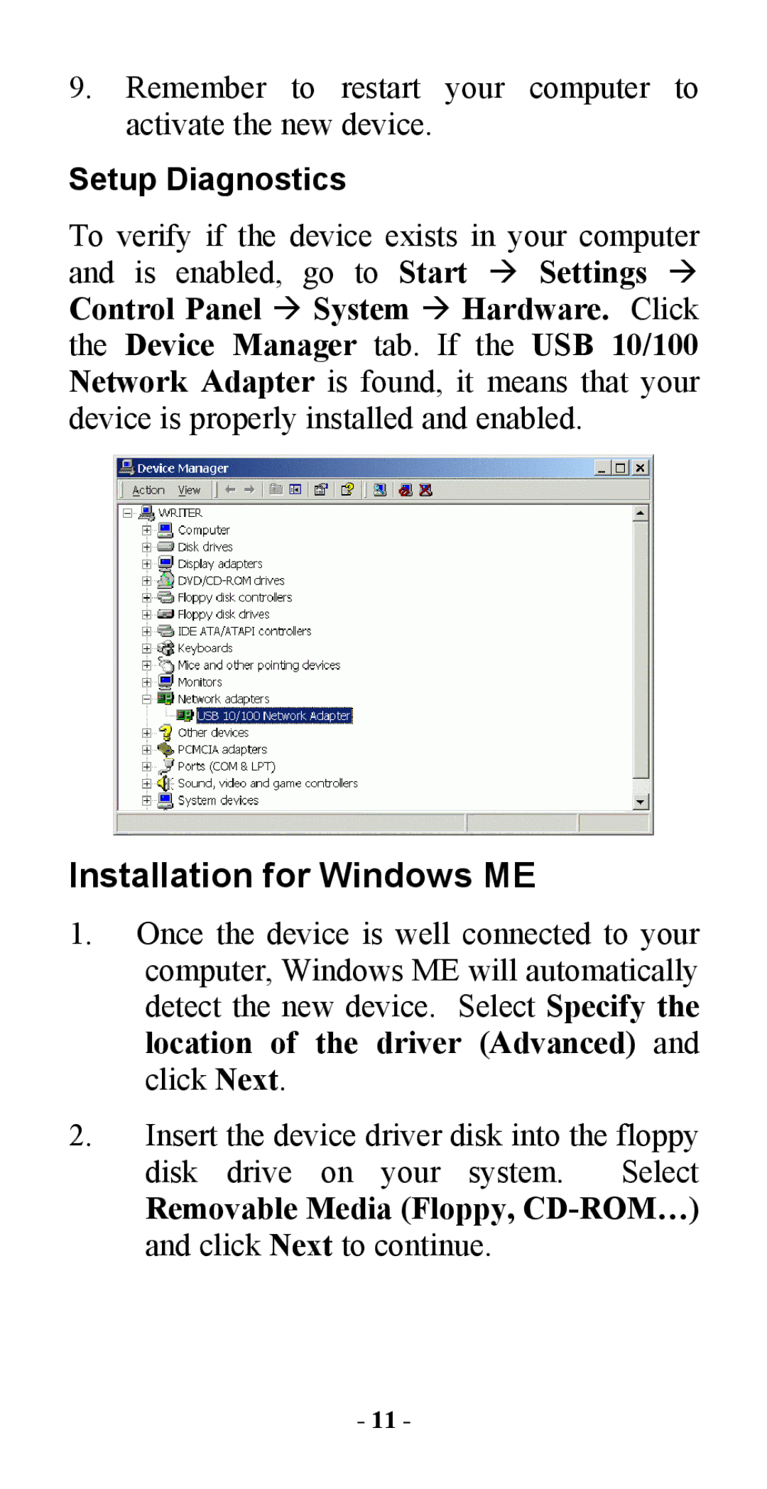 Abocom M73-APO08-420 manual Installation for Windows ME, Removable Media Floppy, CD-ROM… and click Next to continue 