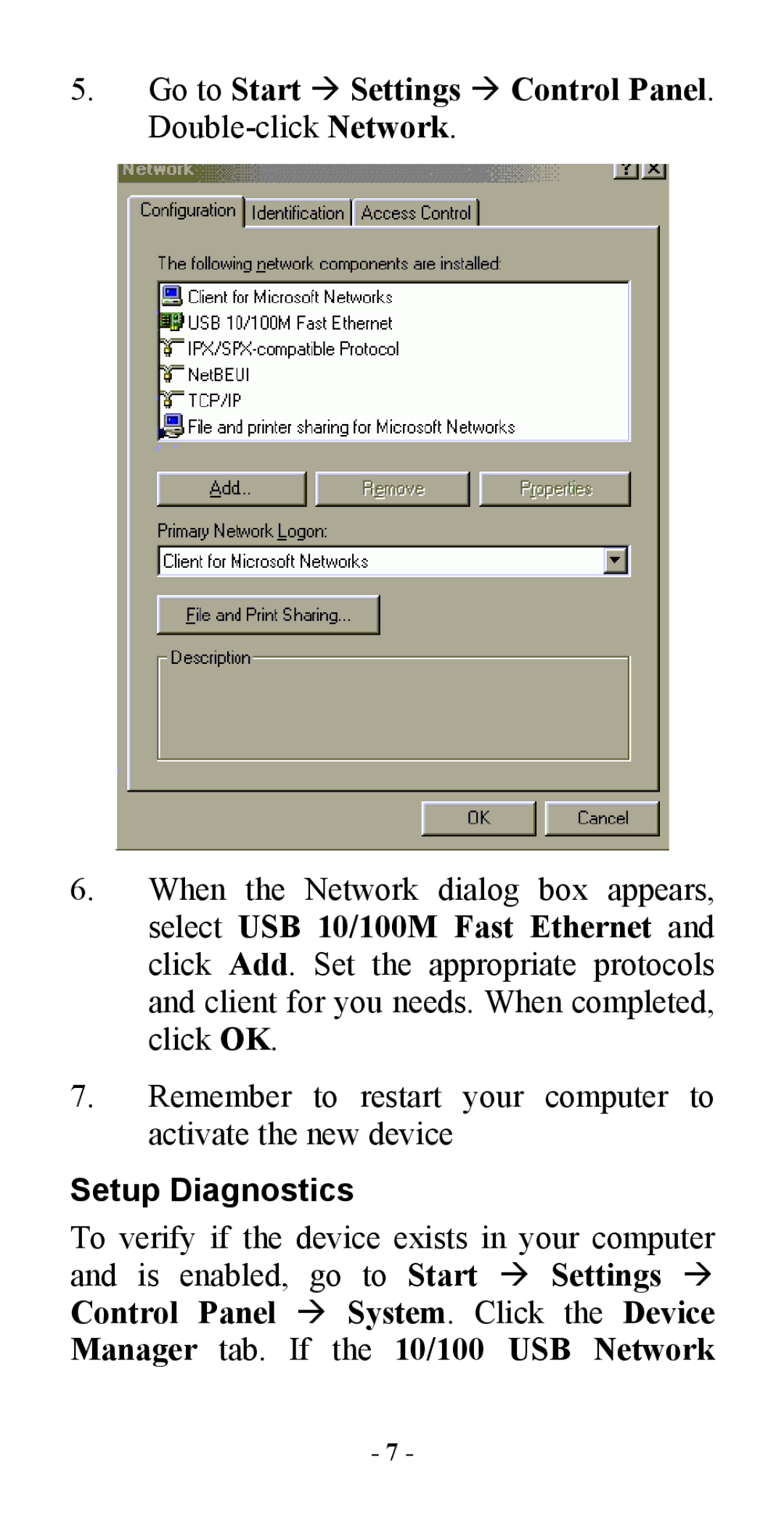 Abocom M73-APO08-420 manual Go to Start Settings Control Panel, Setup Diagnostics 