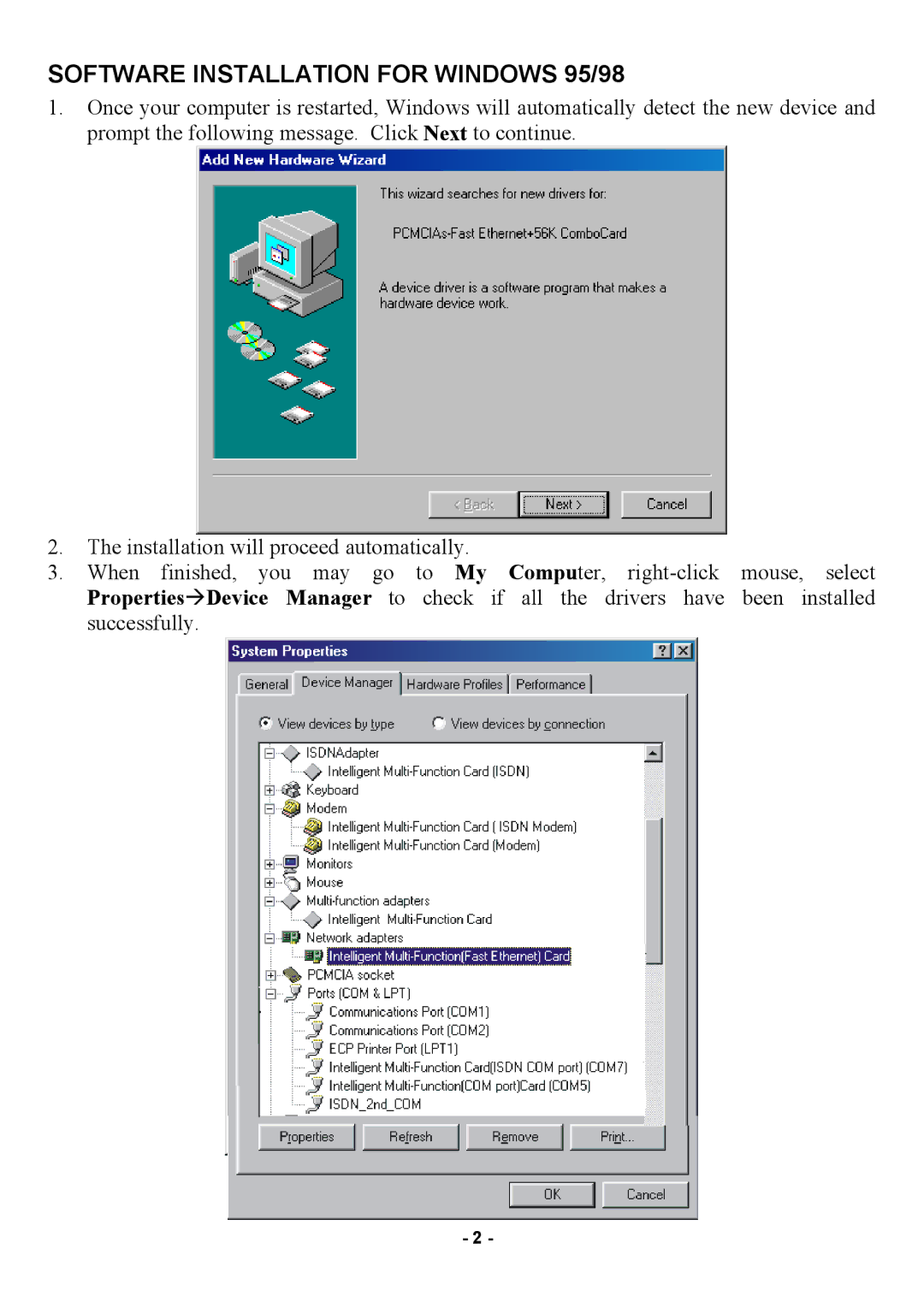 Abocom MA2000 manual Software Installation for Windows 95/98 