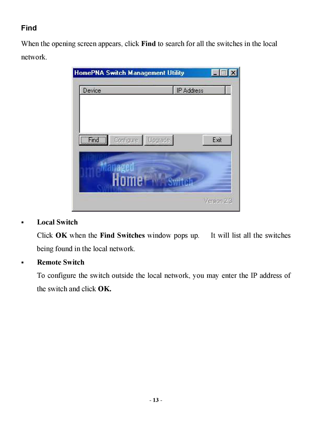 Abocom Manageable 14-port HomePNA Plus 2 Fast Ethernet Switch manual Find, Local Switch, Remote Switch 