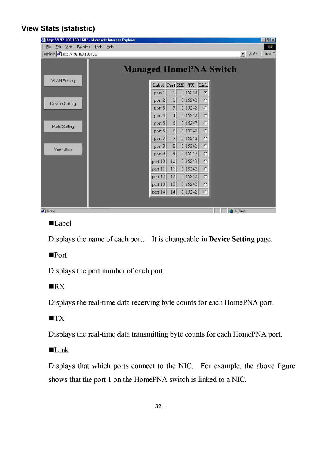 Abocom Manageable 14-port HomePNA Plus 2 Fast Ethernet Switch manual View Stats statistic 