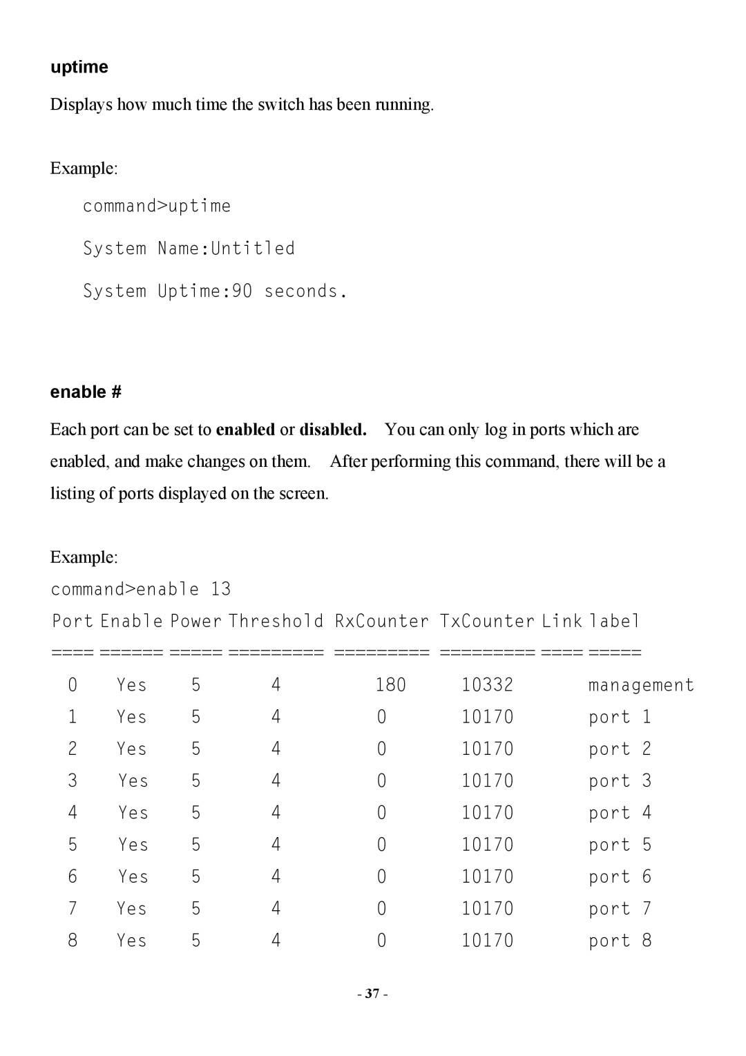 Abocom Manageable 14-port HomePNA Plus 2 Fast Ethernet Switch manual Uptime, Enable # 