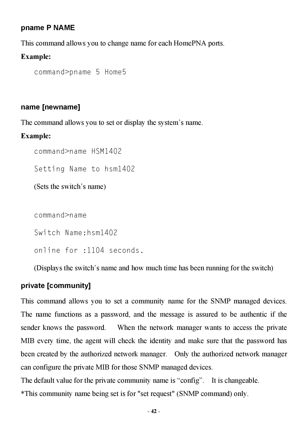 Abocom Manageable 14-port HomePNA Plus 2 Fast Ethernet Switch manual Pname P Name, Example, Name newname, Private community 