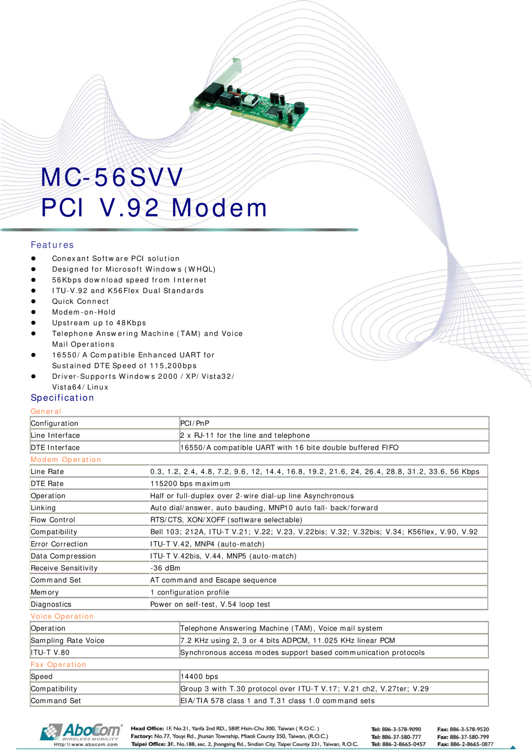 Abocom MC-56SVV manual PCI V.92 Modem, Features, Specification 