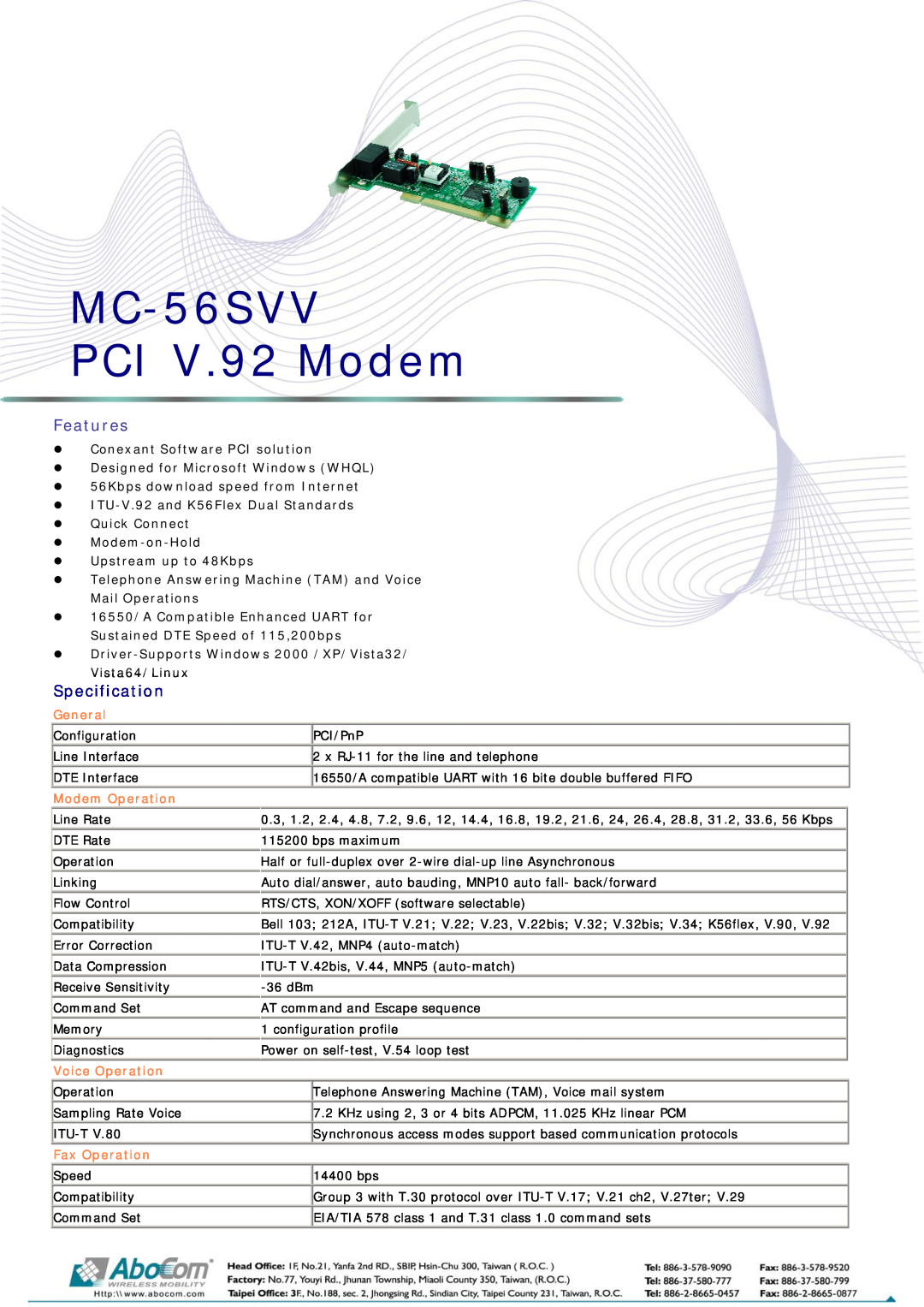 Abocom manual MC-56SVV PCI V.92 Modem, Features, Specification, z Conexant Software PCI solution, General 