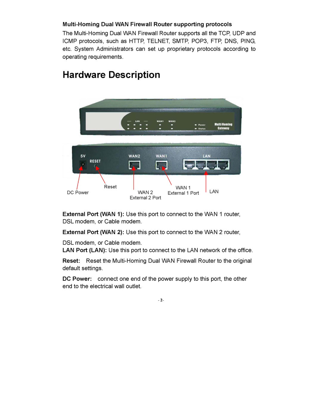 Abocom MH200 manual Hardware Description, Multi-Homing Dual WAN Firewall Router supporting protocols 