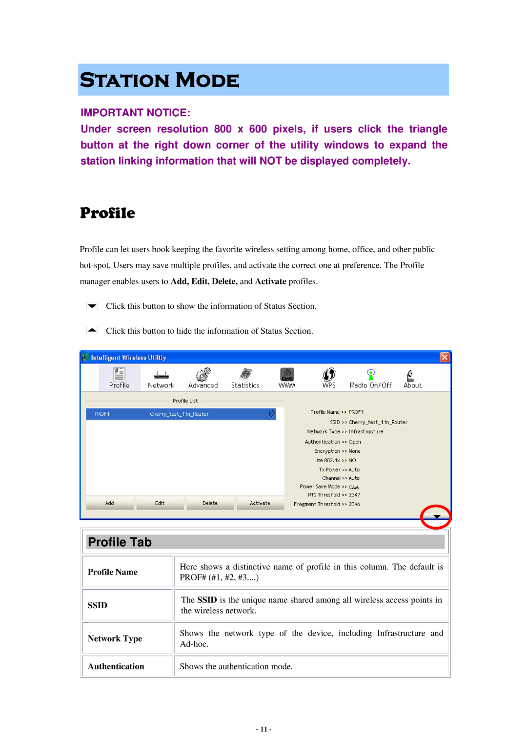 Abocom None user manual Station Mode, Profile Tab, Profile Name, Network Type Authentication 