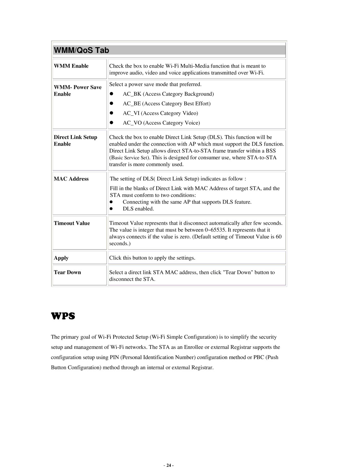 Abocom None user manual WMM/QoS Tab, WMM Enable WMM- Power Save Enable, Direct Link Setup Enable 