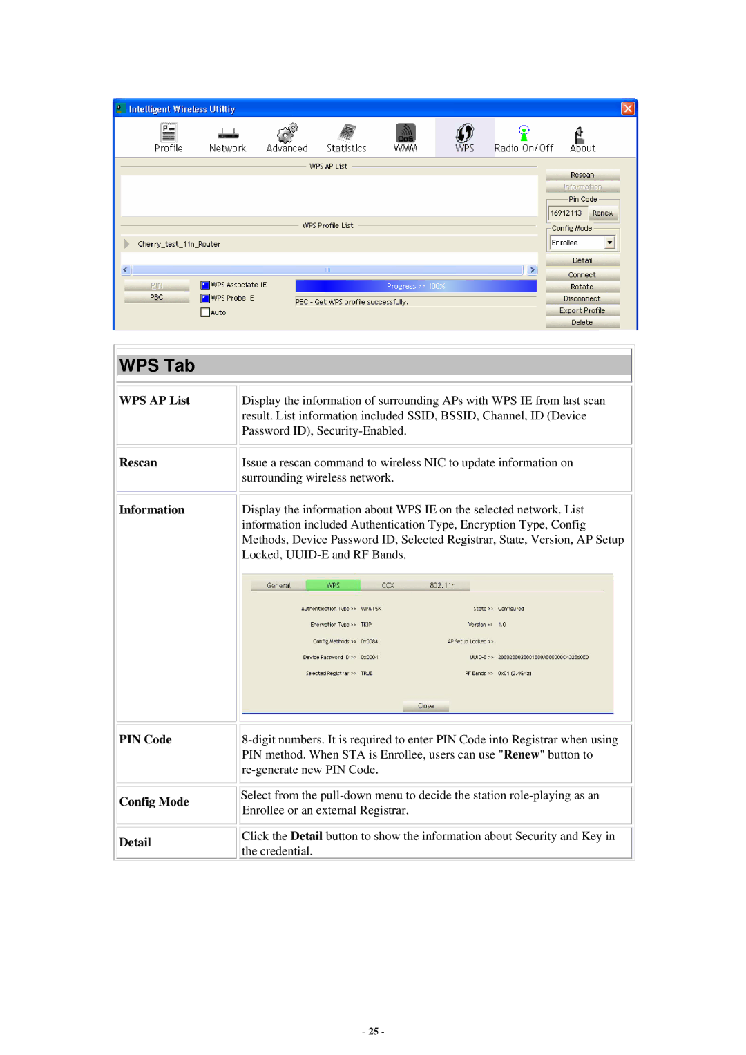 Abocom None user manual WPS Tab, WPS AP List Rescan Information PIN Code Config Mode Detail 