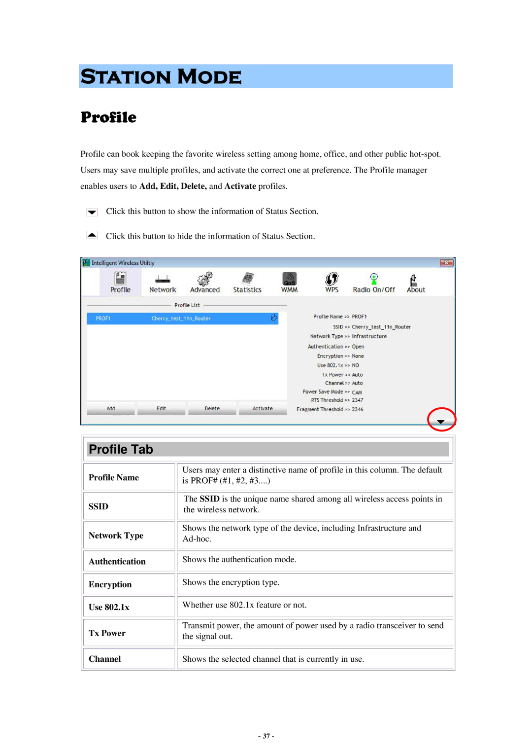 Abocom None user manual Station Mode, Network Type Authentication Encryption Use Tx Power Channel 