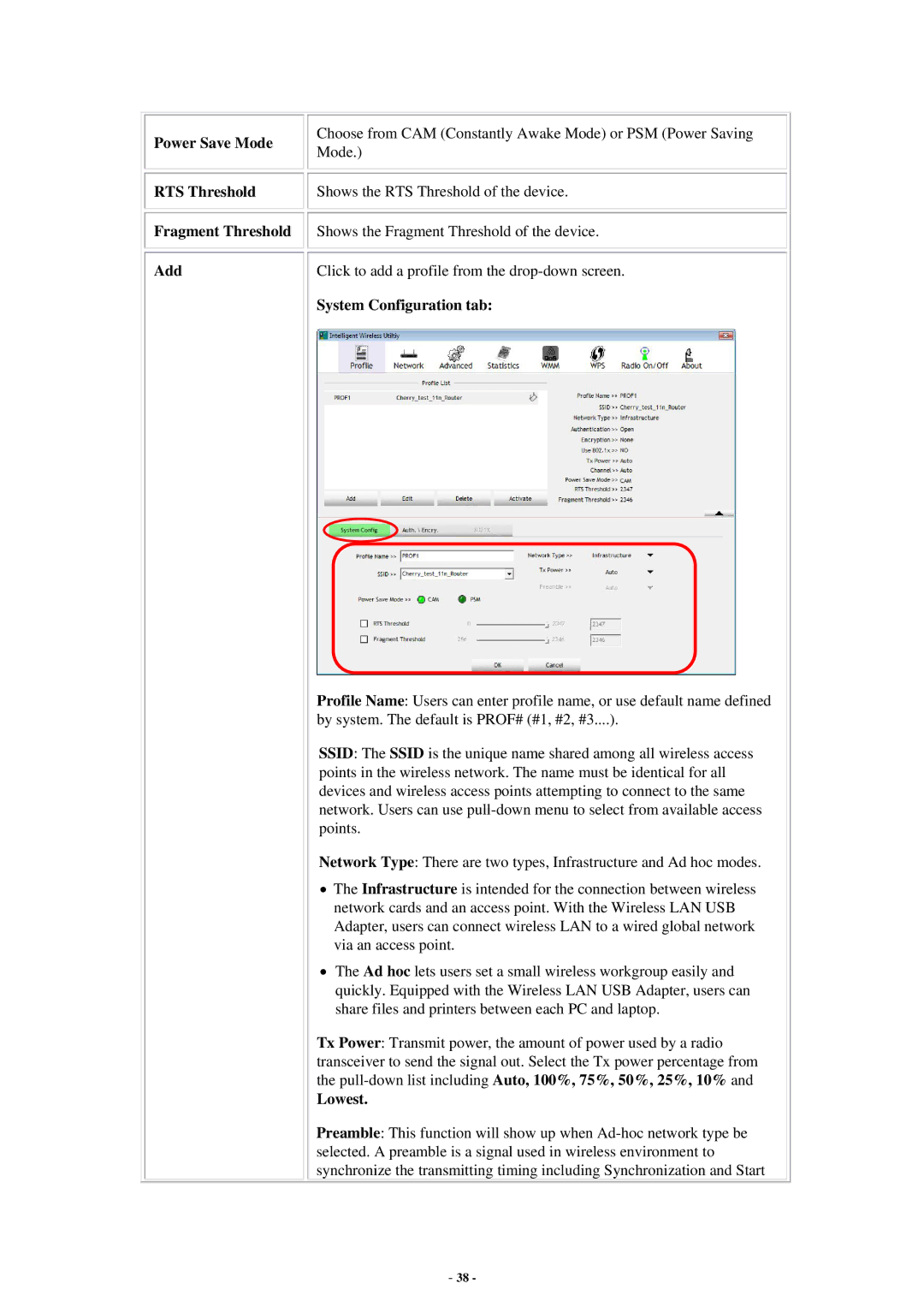 Abocom None user manual Power Save Mode RTS Threshold Fragment Threshold Add, System Configuration tab 