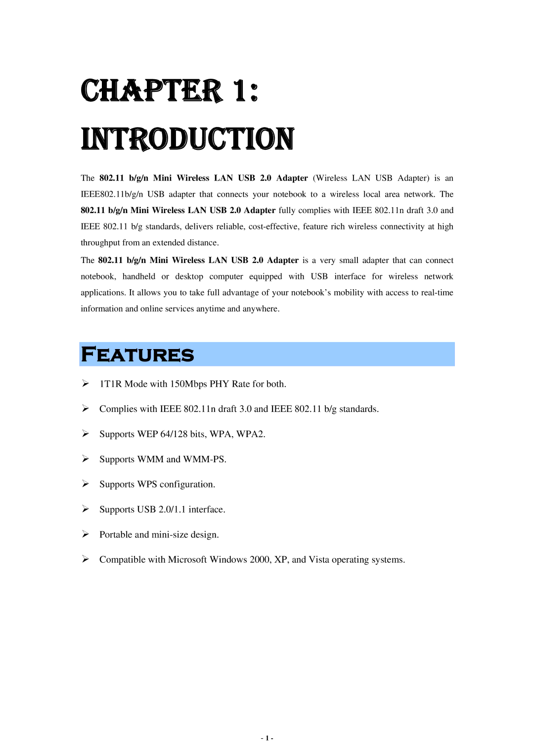 Abocom None user manual Chapter Introduction, Features 