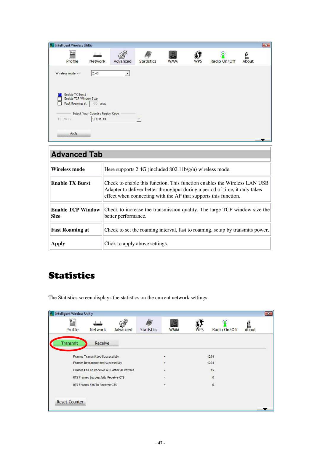 Abocom None user manual Wireless mode Enable TX Burst, Enable TCP Window Size Fast Roaming at Apply 