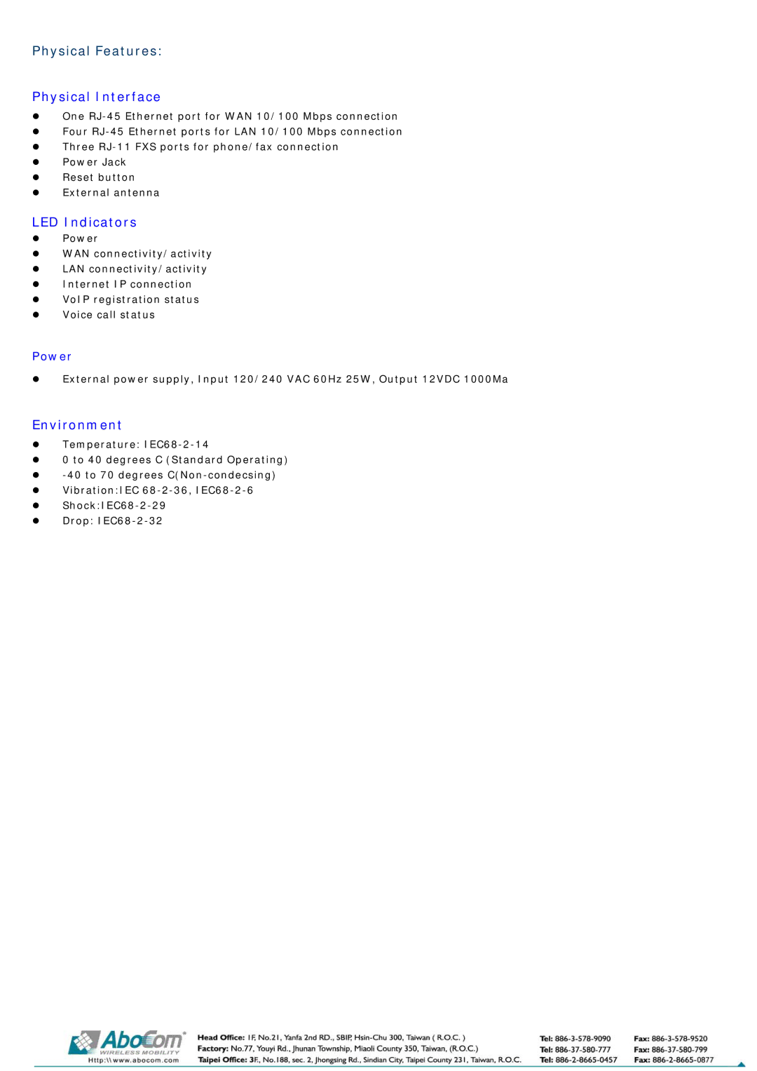 Abocom P3102-4g manual Physical Features, Physical Interface, LED Indicators, Environment 