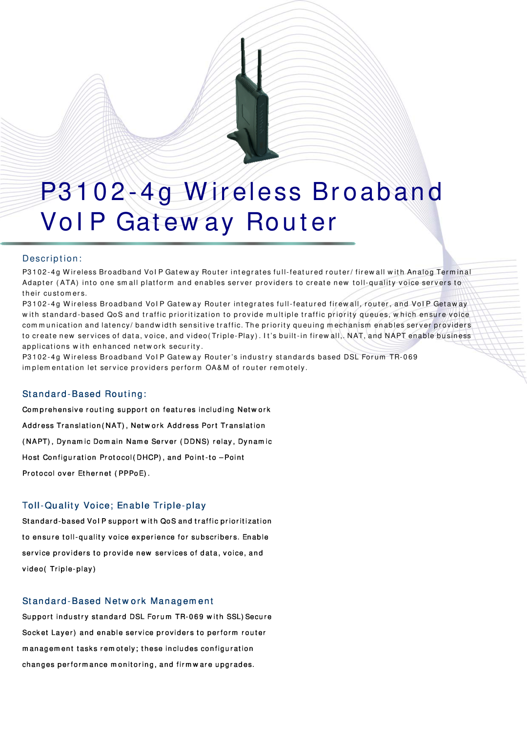 Abocom P3102-4g manual Description, Standard-Based Routing, Toll-Quality Voice Enable Triple-play 