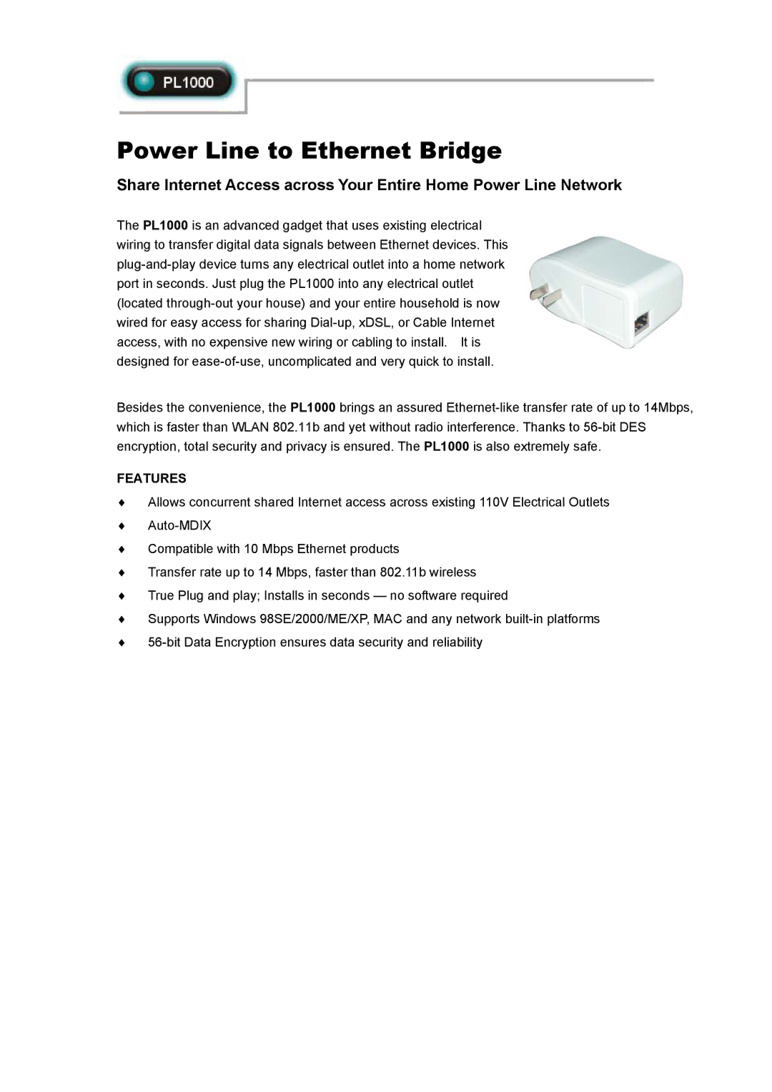 Abocom PL1000 manual Power Line to Ethernet Bridge, Features 