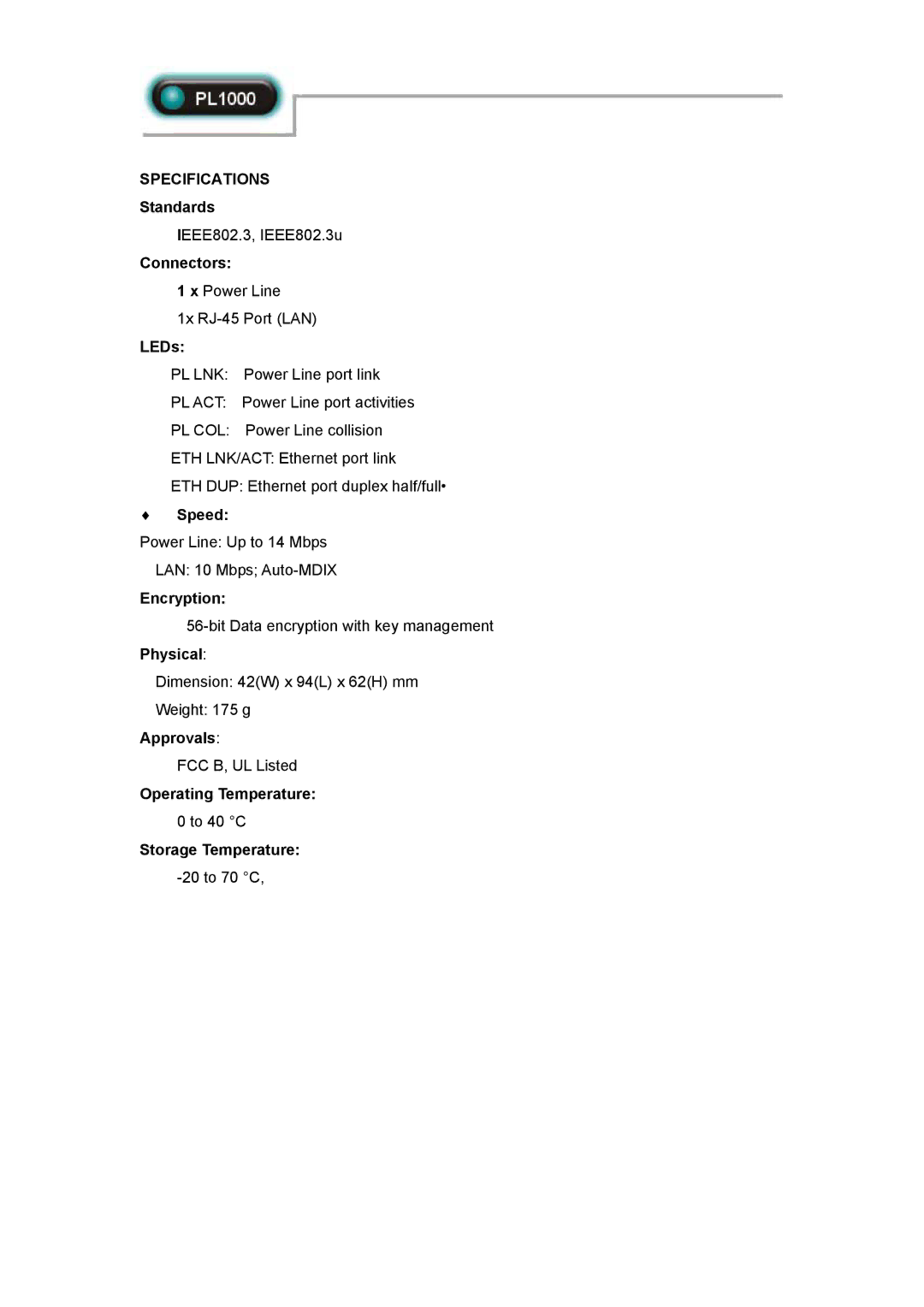 Abocom PL1000 manual Specifications 