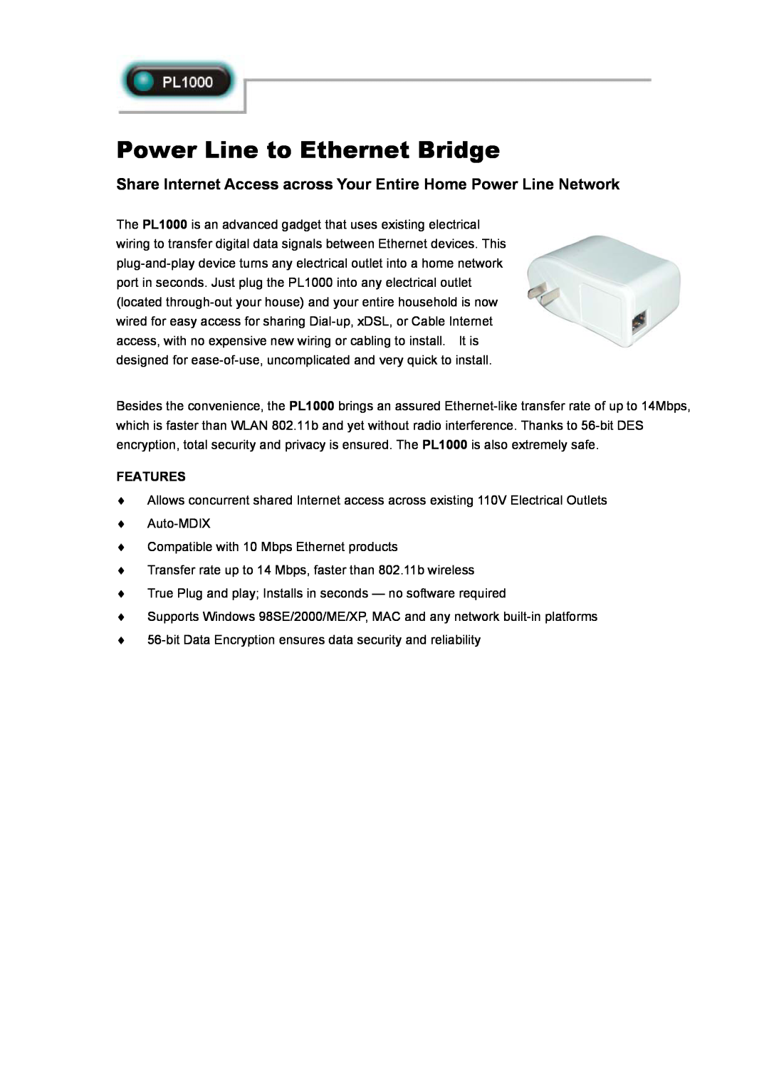 Abocom PL1000 manual Features, Power Line to Ethernet Bridge 