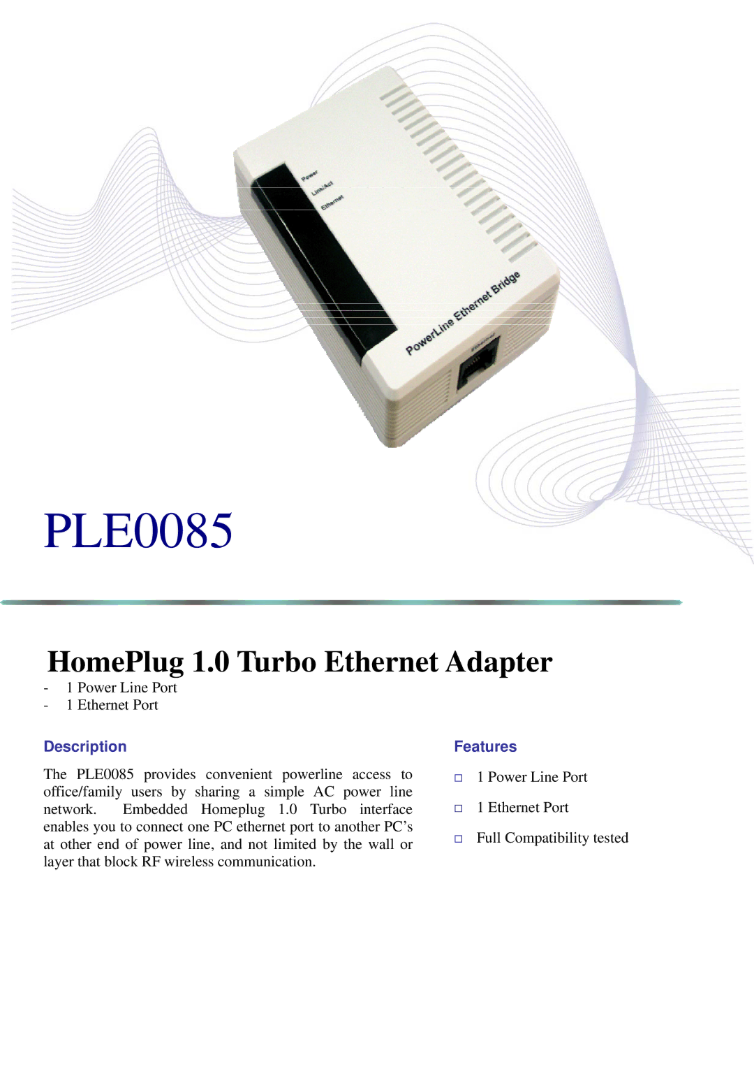 Abocom PLE0085 manual HomePlug 1.0 Turbo Ethernet Adapter, Description, Features 