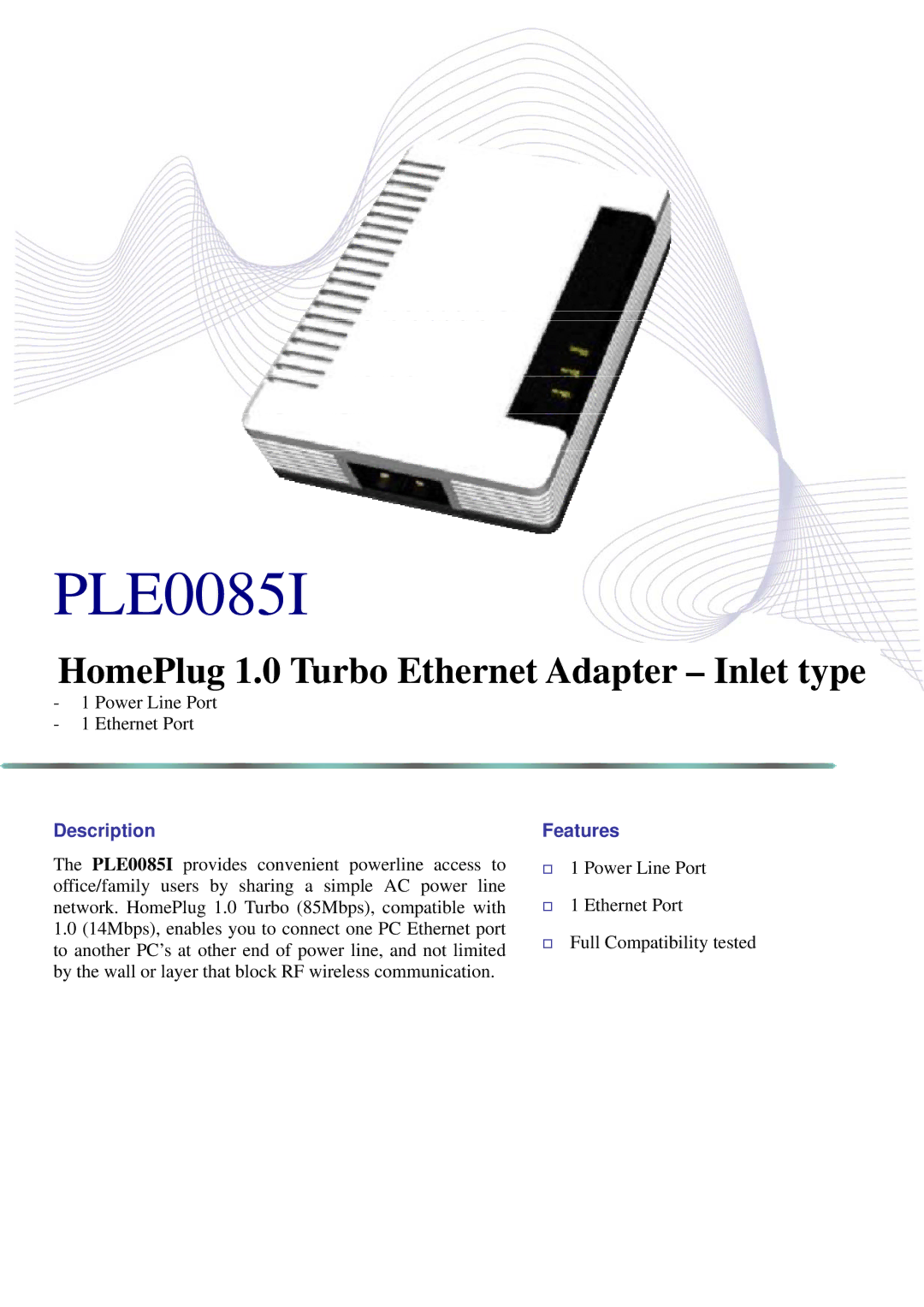 Abocom PLE0085I manual HomePlug 1.0 Turbo Ethernet Adapter Inlet type, Description, Features 