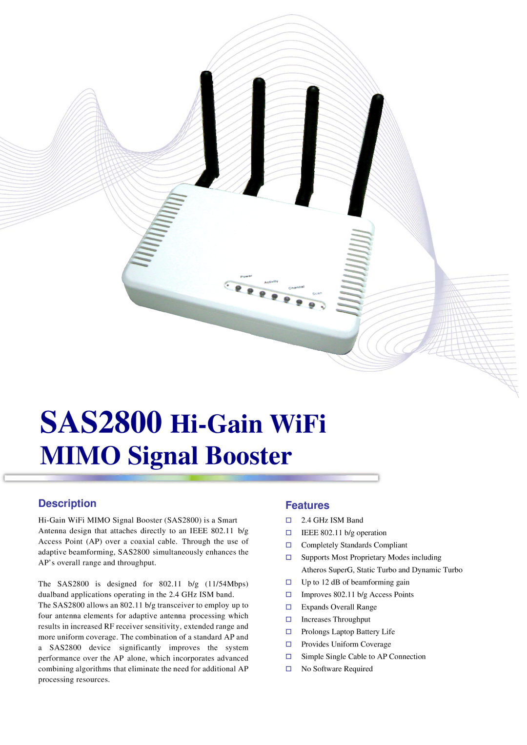 Abocom manual SAS2800 Hi-Gain WiFi Mimo Signal Booster, Description, Features 