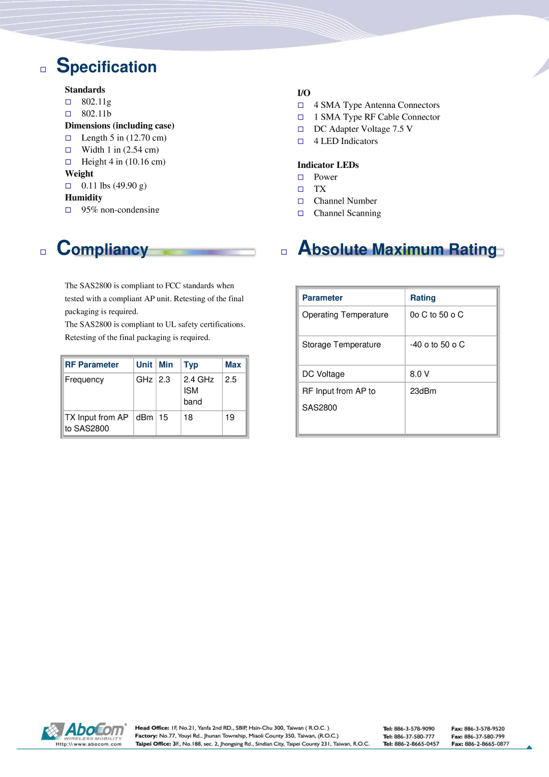 Abocom SAS2800 manual Specification, Compliancy, Absolute Maximum Rating 