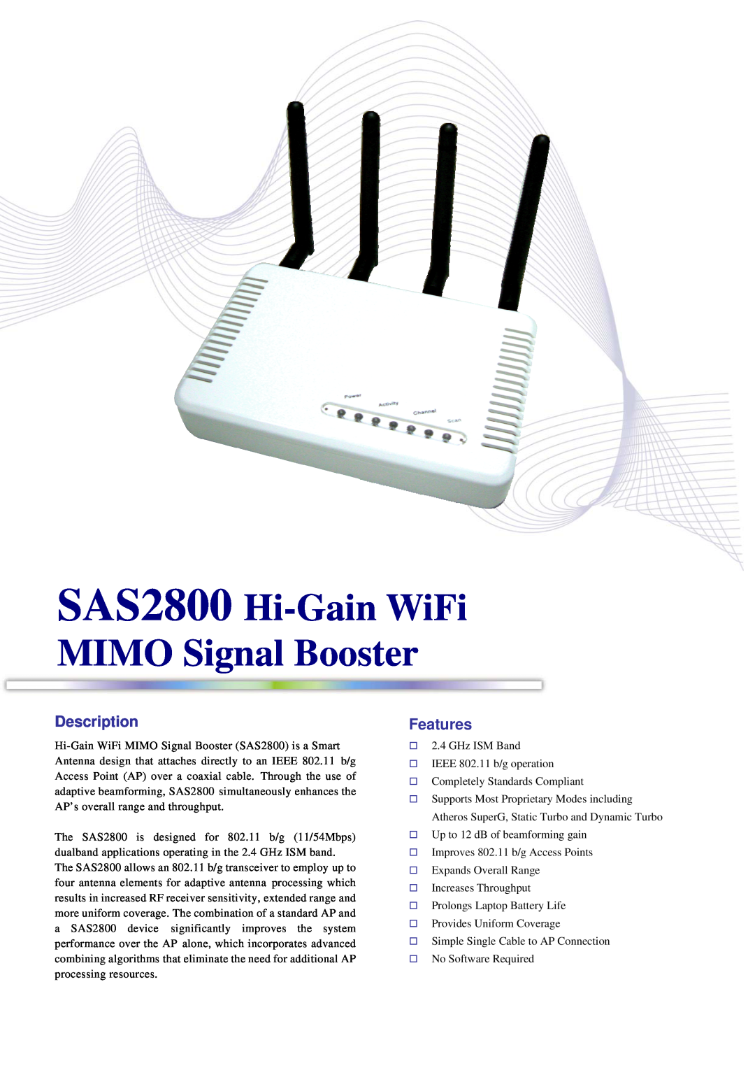Abocom manual SAS2800 Hi-Gain WiFi MIMO Signal Booster, Description, Features 
