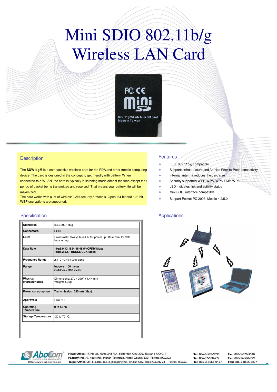 Abocom SDW11gM specifications Mini Sdio 802.11b/g Wireless LAN Card, Description Features, Specification Applications 