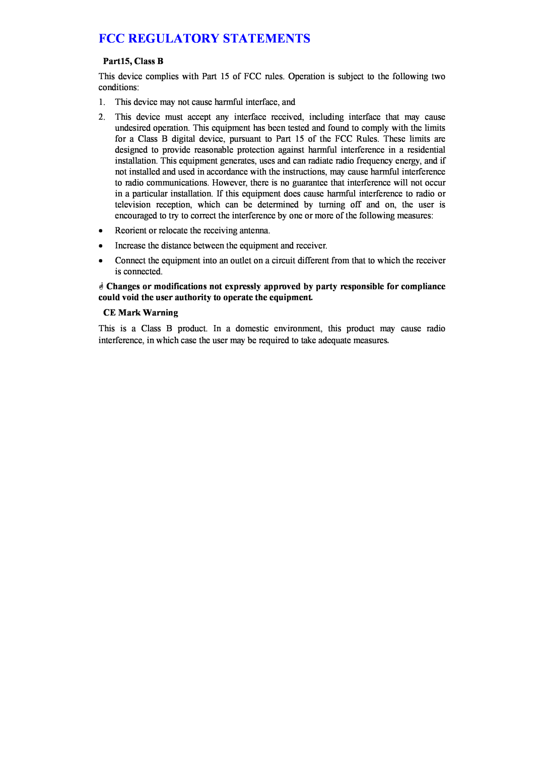 Abocom SW1600B manual Fcc Regulatory Statements, Part15, Class B, CE Mark Warning 