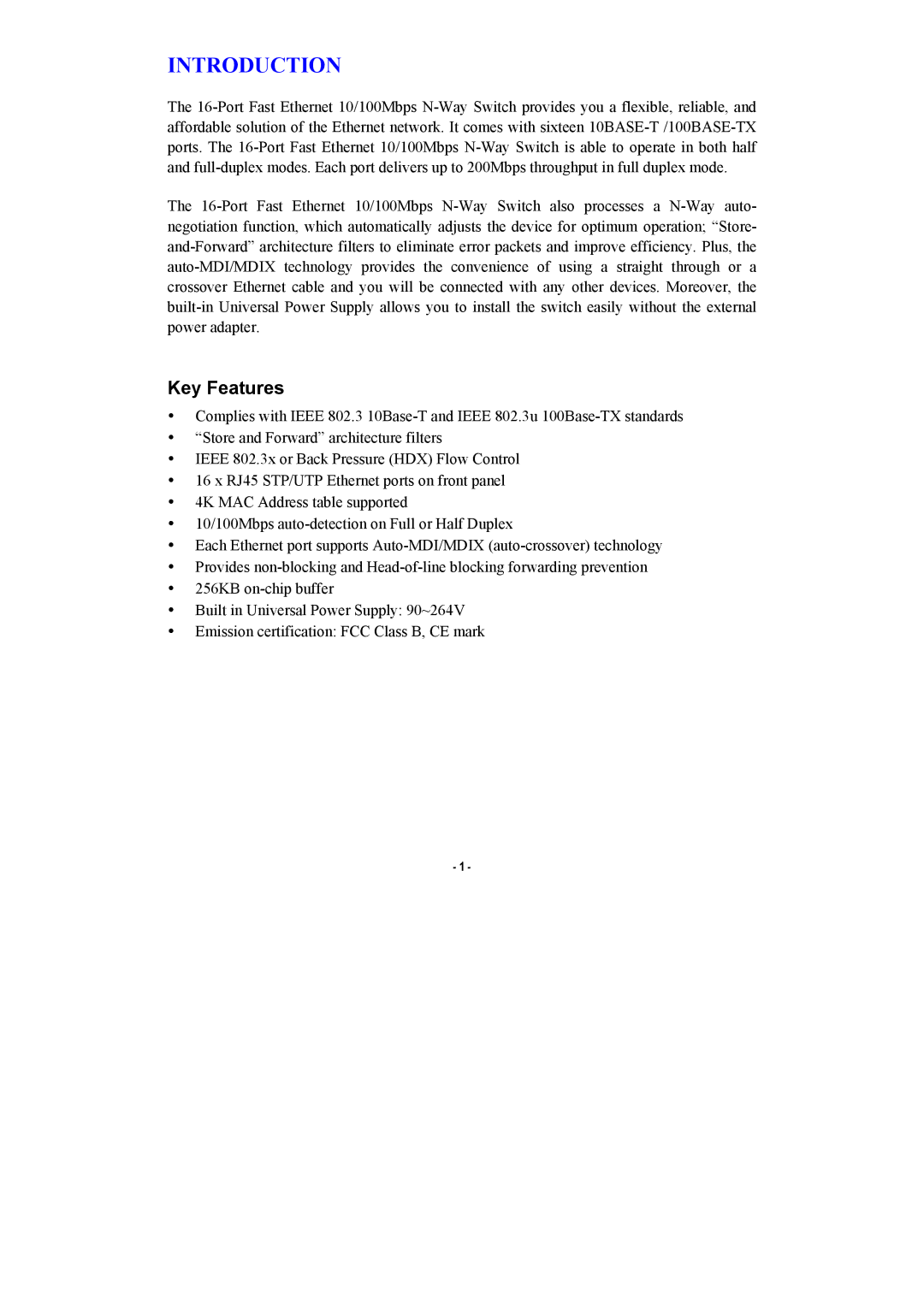 Abocom SW1600B manual Introduction, Key Features 