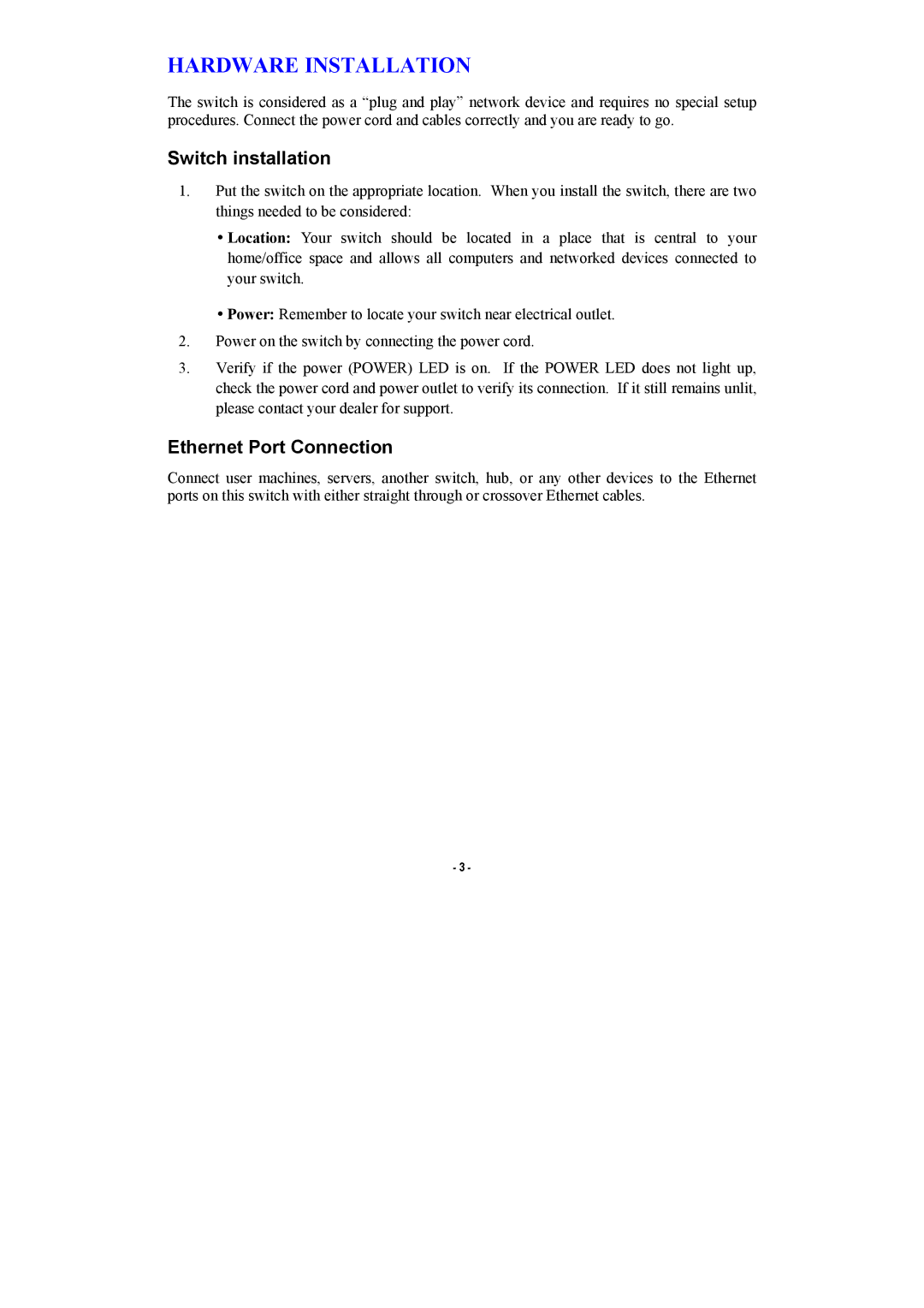 Abocom SW1600B manual Hardware Installation, Switch installation, Ethernet Port Connection 