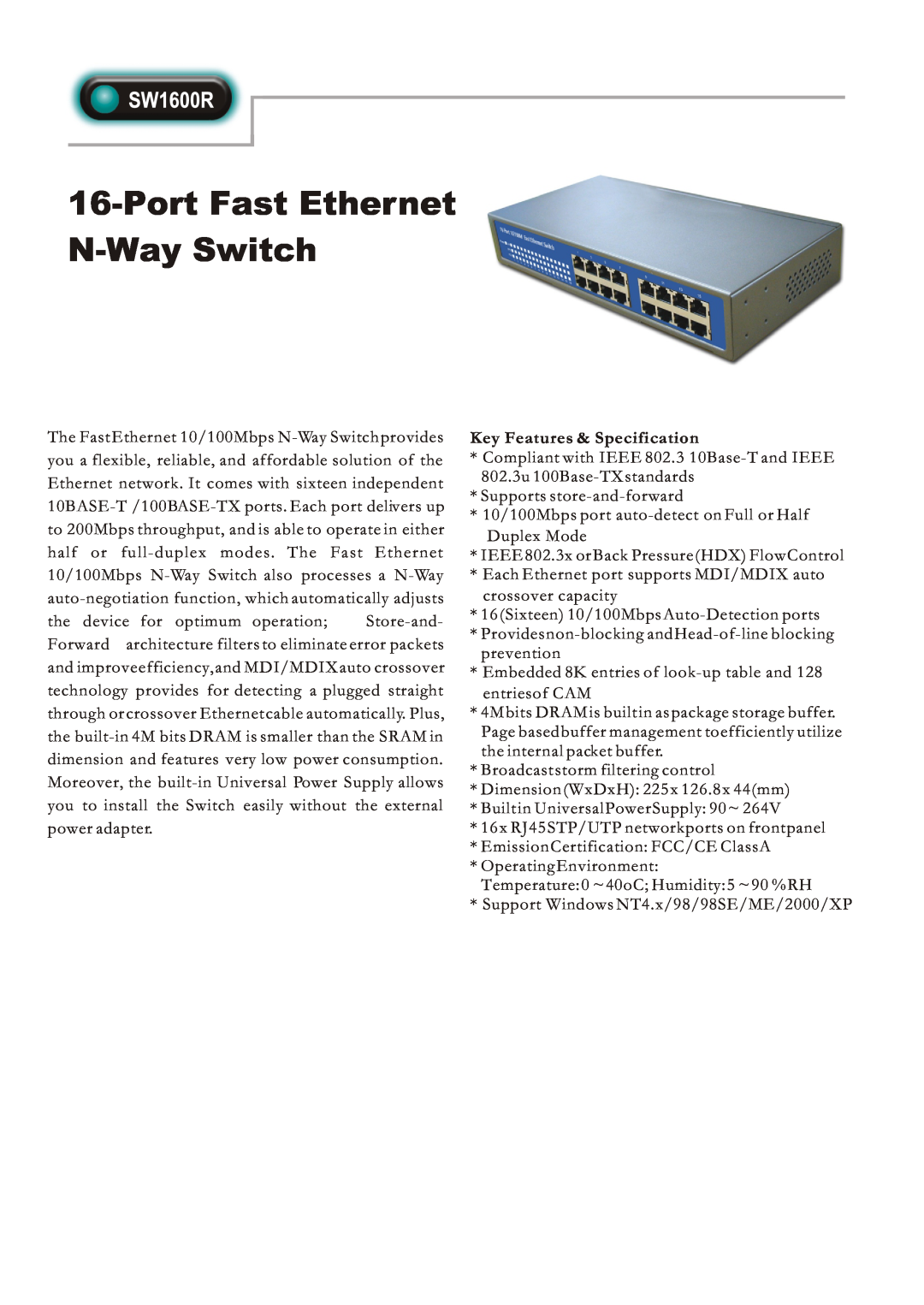 Abocom SW1600R manual Port Fast Ethernet N-Way Switch, Key Features & Specification 