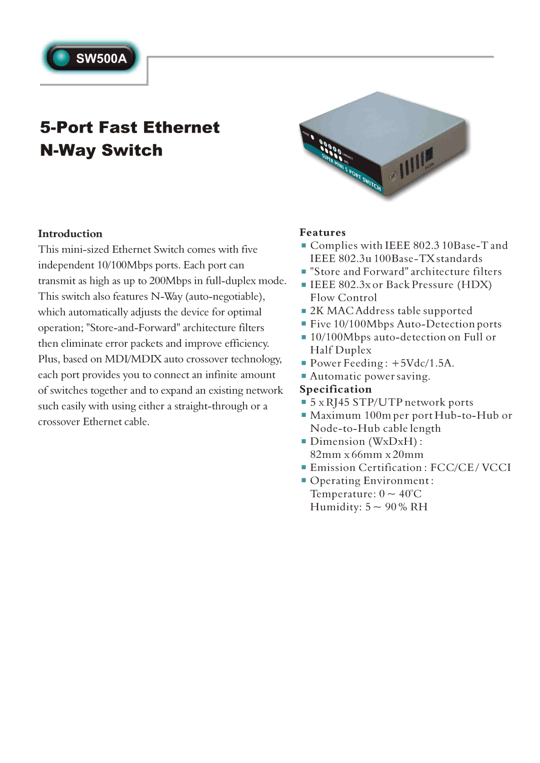 Abocom SW500A manual Port Fast Ethernet Way Switch, Introduction, Features, Specification 