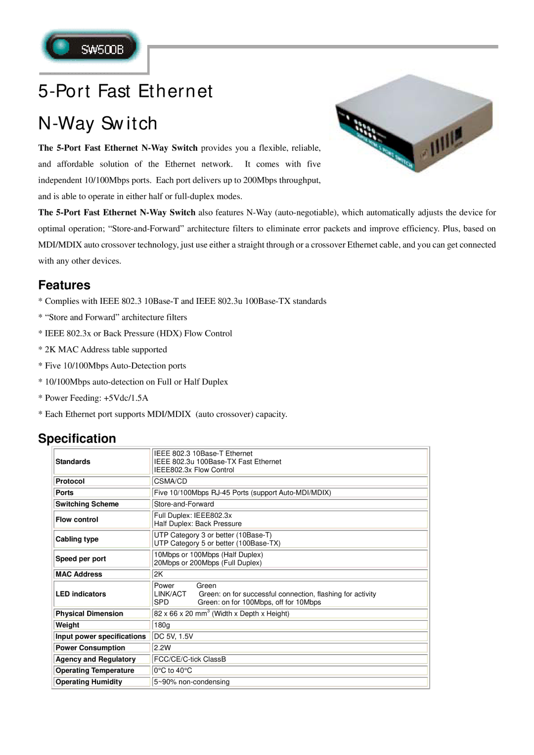 Abocom SW500B specifications Port Fast Ethernet Way Switch, Features, Specification 