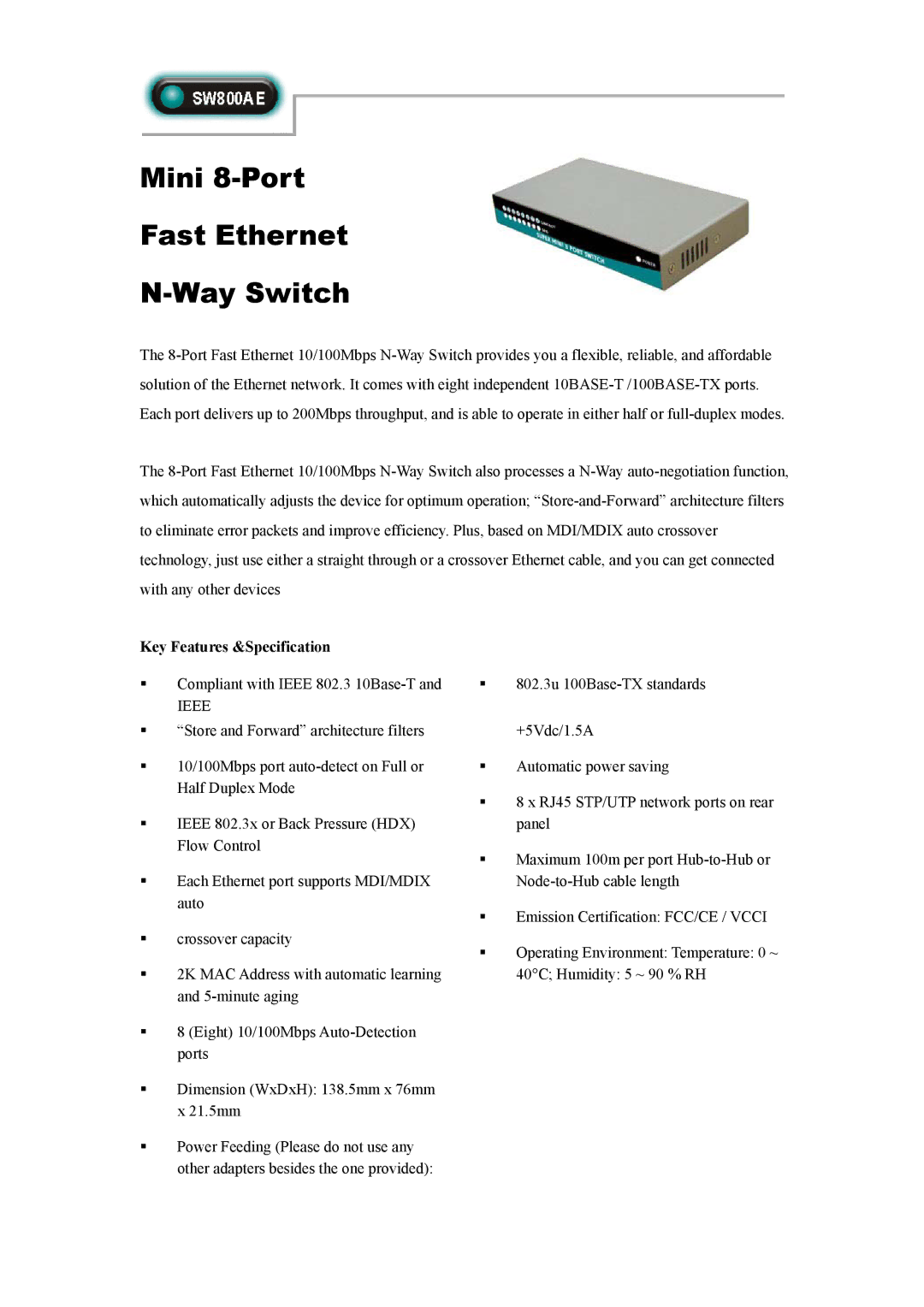 Abocom SW800AE manual Mini 8-Port Fast Ethernet Way Switch, Key Features &Specification, Ieee 