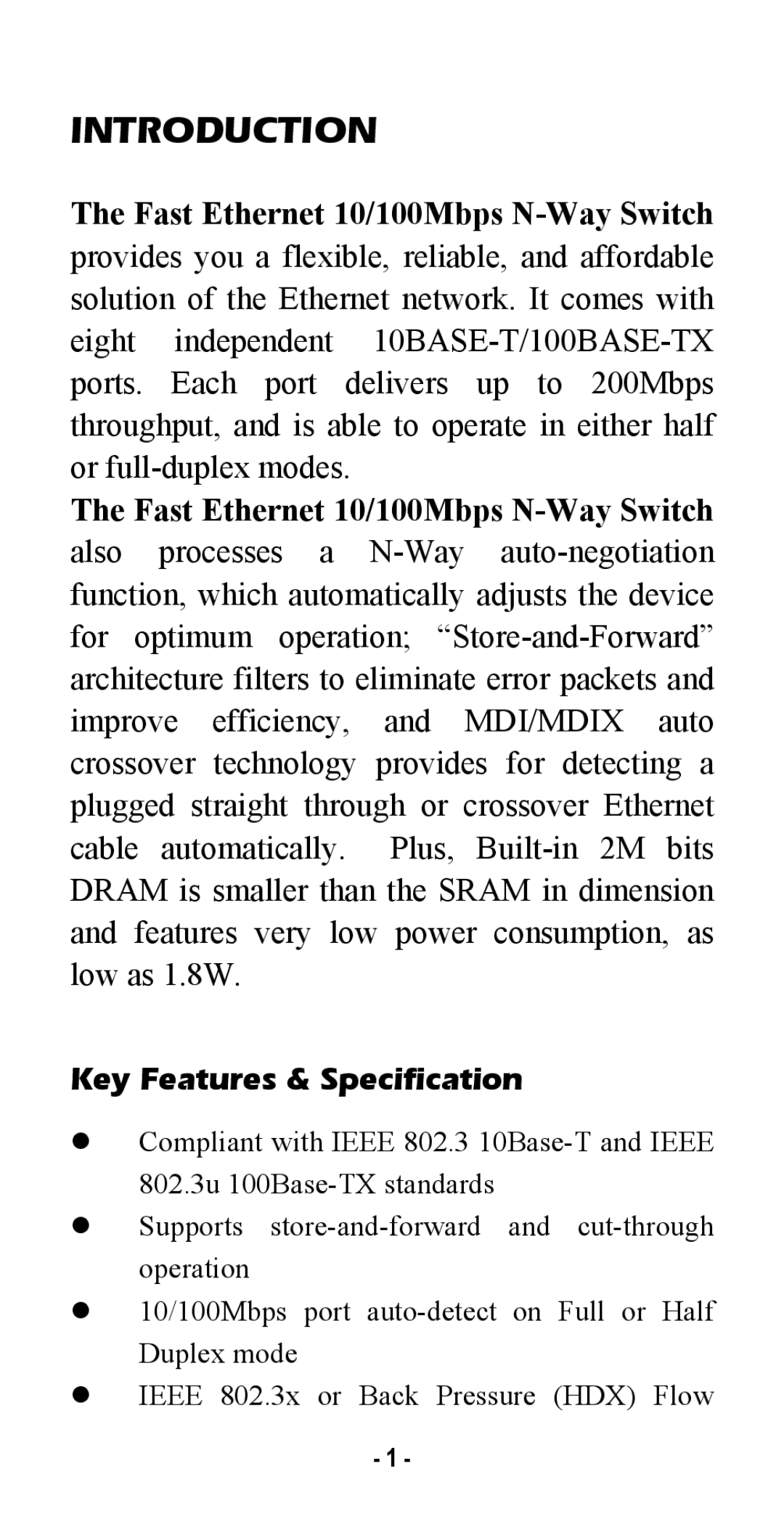 Abocom SW800RE manual Introduction, Key Features & Specification 