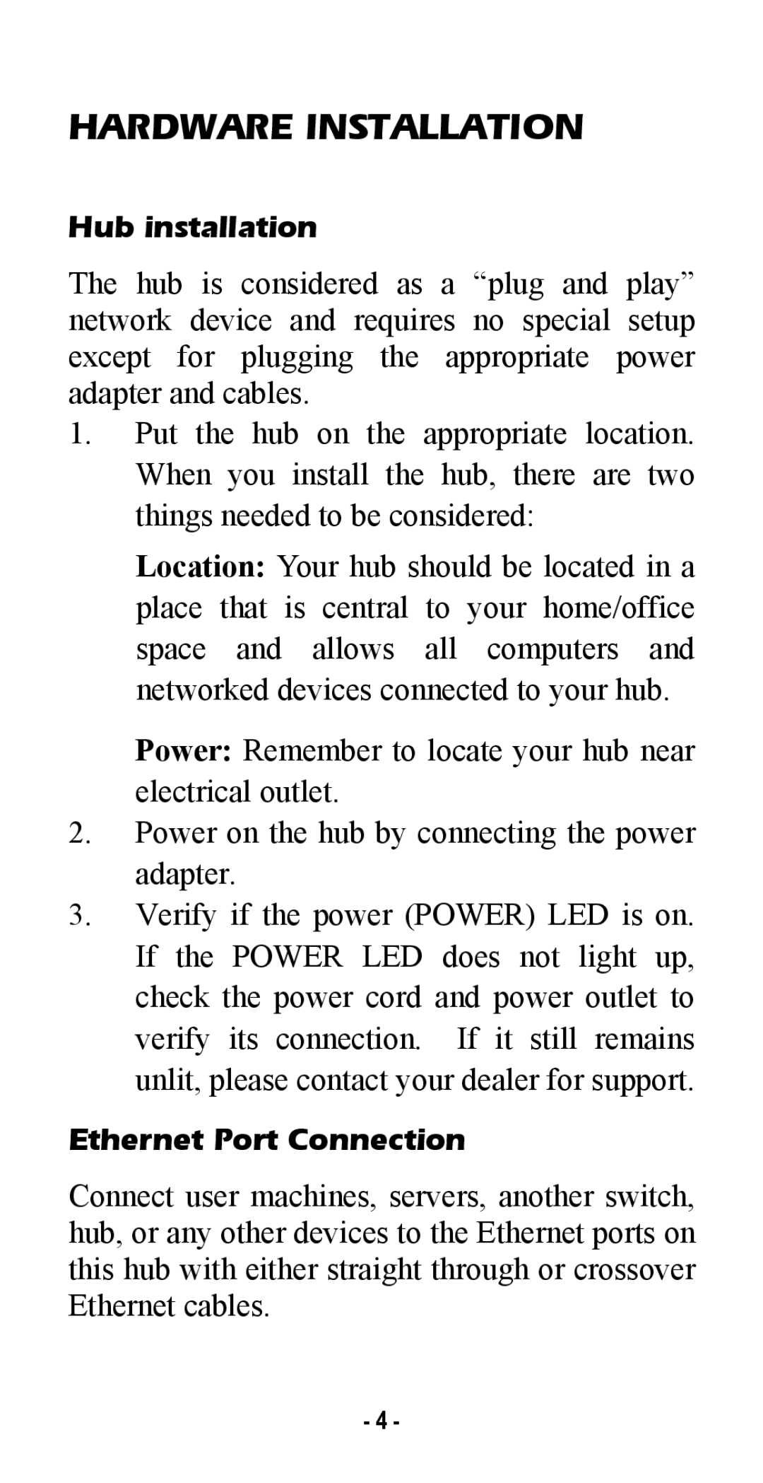 Abocom SW800RE manual Hardware Installation, Hub installation, Ethernet Port Connection 