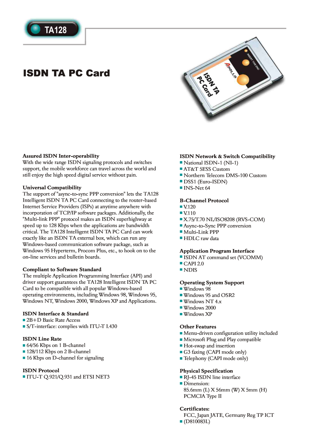 Abocom TA128 manual ISDN TA PC Card 