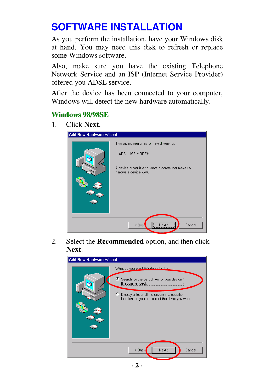 Abocom UAM700 manual Software Installation, Windows 98/98SE 