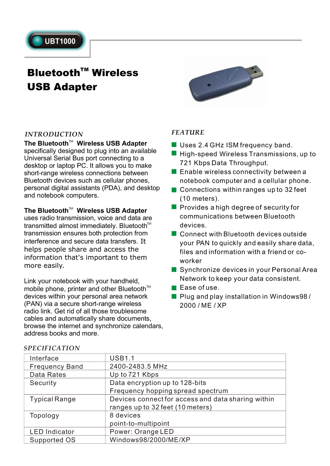 Abocom UBT1000 manual BluetoothTM Wireless USB Adapter, Introduction, Specification, Feature 