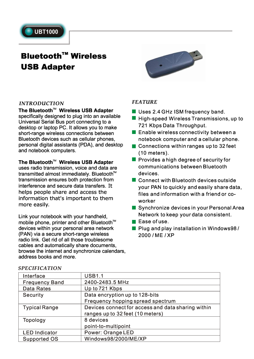Abocom UBT1000 manual Introduction, The BluetoothTM Wireless USB Adapter, Specification, Feature 