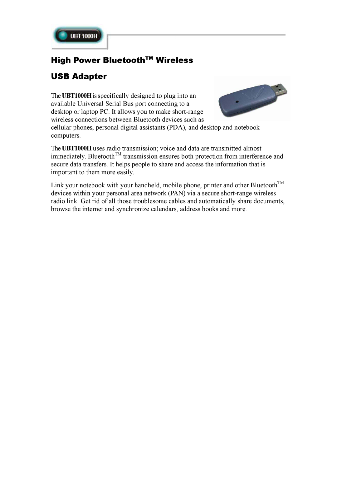 Abocom UBT1000H manual High Power BluetoothTM Wireless USB Adapter 