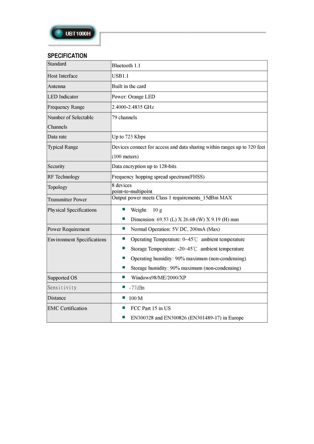 Abocom UBT1000H manual Specification 